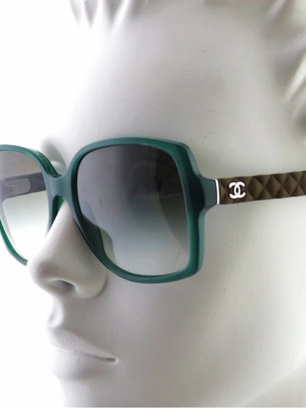 CHANEL Teal Square Sunglasses with Quilted Brown Temples